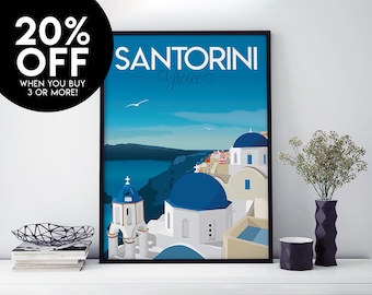 Santorini Travel Poster, Print, Vintage, Memento, Souvenir, Gift, Greece, Romantic, Poster, Digital Art, Artwork, Home Decor, Made in the UK