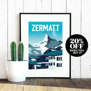 Zermatt Travel Poster, Switzerland, Swiss Alps, Print, Ski Resort, Vintage, Memento, Souvenir, Poster, Artwork, Home Decor, Made in the UK