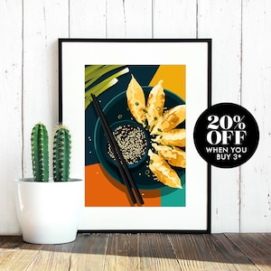 Gyoza Art Print, Dumplings, Asian Food, Chopsticks, Food Lover, Illustration, Kitchen Art, Colourful, Retro, Poster, Artwork, Made in the UK