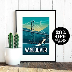 Vancouver Travel Poster, Print, Vintage, British Columbia, Souvenir, Canada, Poster, Artwork, Digital Art, Home Decor, Made in the UK