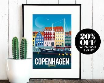 May include: A colorful illustration of Copenhagen, Denmark, with a sailboat in the harbor and colorful buildings along the waterfront. The text "Copenhagen, Denmark" is at the bottom of the image. A black circle with white text says "20% OFF WHEN YOU BUY 3+."