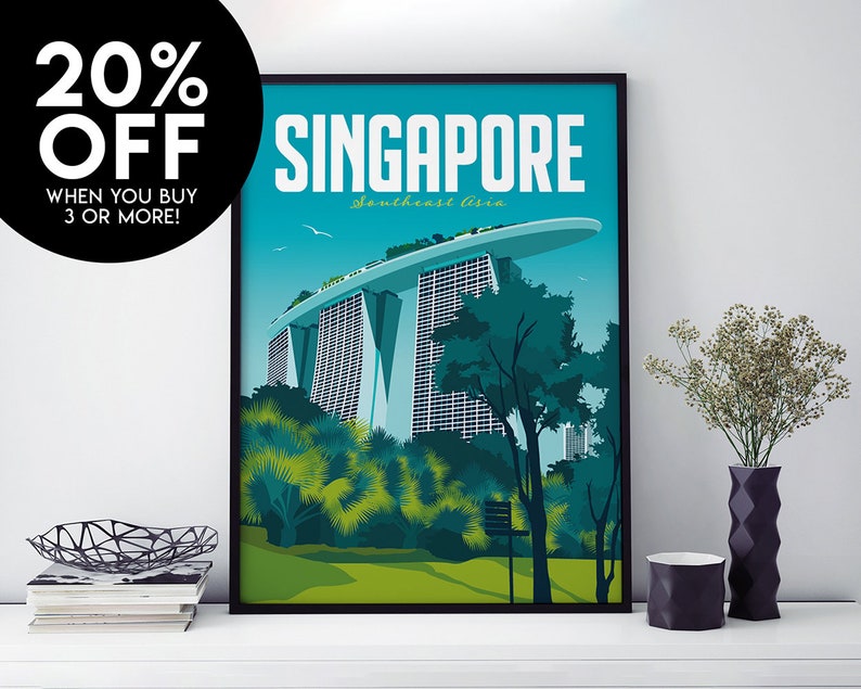 Singapore Travel Poster, Print, Southeast Asia, Vintage, Souvenir, Gift, Poster, Artwork, Digital Art, Travel Illustration, Made in the UK image 1