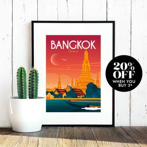 Bangkok Travel Poster, Print, Thailand, Vintage, Souvenir, Gift, Poster, Artwork, Digital Art, Travel Illustration, Made in the UK