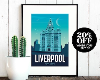 May include: A blue and white illustration of the Liver Building in Liverpool, England. The text "LIVERPOOL" is below the building, with "United Kingdom" in smaller text below that. A 20% off sale is advertised in the top right corner.