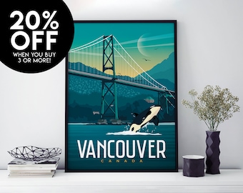 Vancouver Travel Poster, Print, Vintage, British Columbia, Souvenir, Canada, Poster, Artwork, Digital Art, Home Decor, Made in the UK