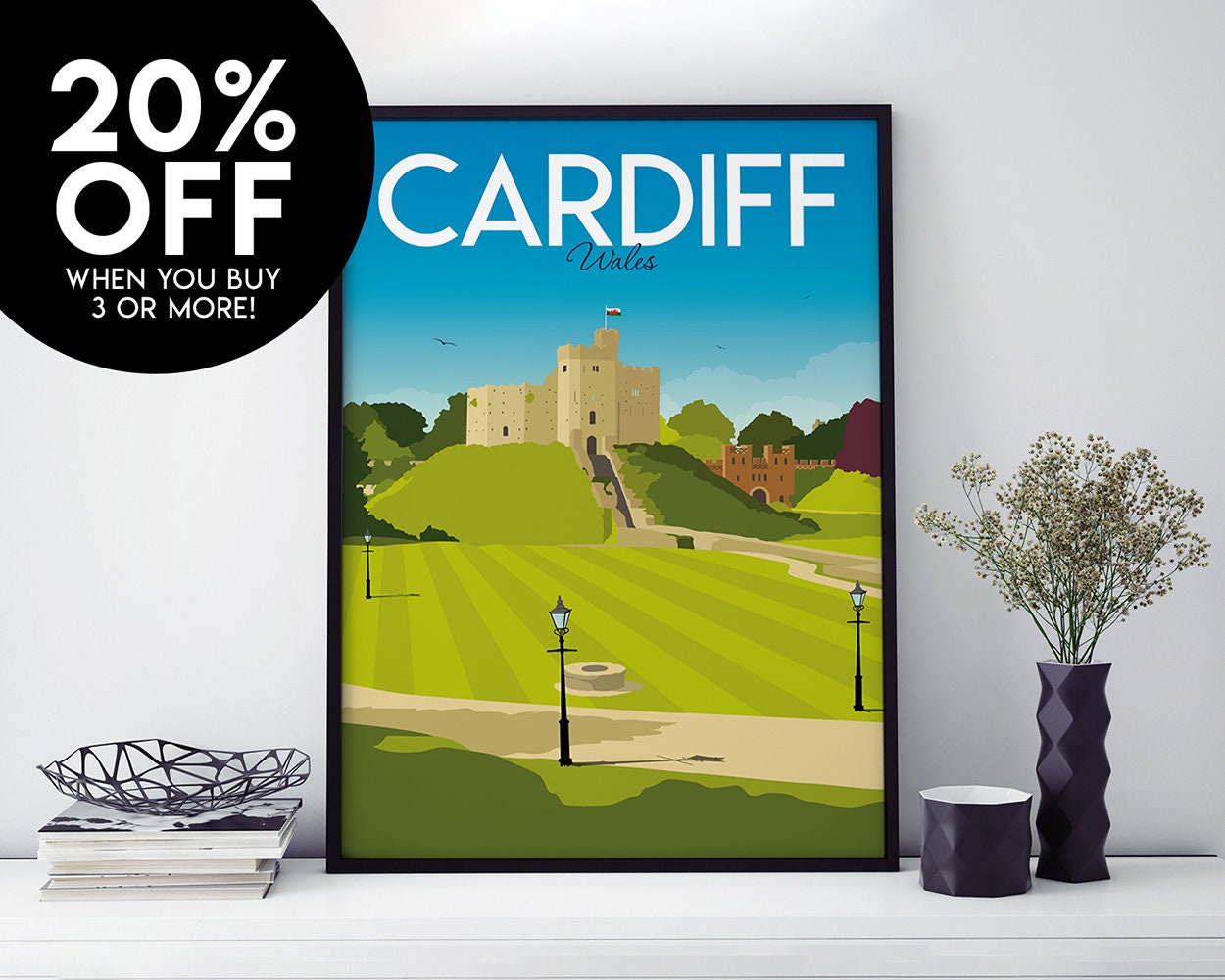 Cardiff Wales Travel Poster Cardiff Castle Art Print Original Illustration