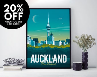 Auckland Travel Poster, New Zealand, Print, Vintage, Souvenir, Home Decor, Art, Artwork, Digital Art, Travel Illustration, Made in the UK