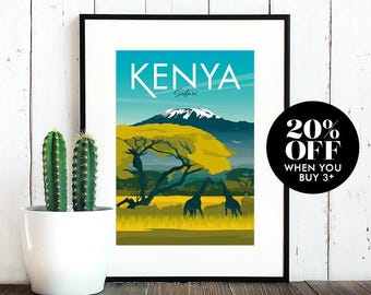 May include: A vintage travel poster design featuring a mountain range with snow-capped peaks, a yellow tree, and two giraffes in a grassy field. The poster has the text "KENYA Safari" and a 20% off discount offer.