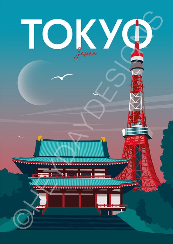Tokyo Travel Poster, Print, Vintage, Memento, Souvenir, Gift, Japan,  Poster, Japanese, Art, Artwork, Travel Illustration, Made in the UK
