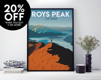 New Zealand Travel Poster, Roys Peak, Print, Vintage, Souvenir, Home Decor, Art, Artwork, Digital Art, Travel Illustration, Made in the UK