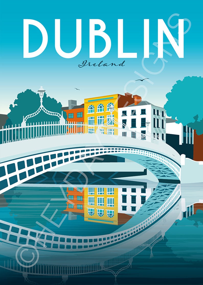 Dublin Travel Poster Print Vintage Ireland Ha Penny Etsy