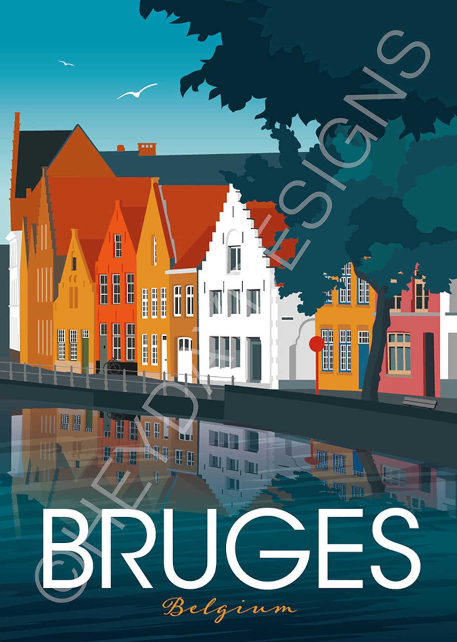Bruges Travel Poster Print Vintage Belgium Brugge Etsy UK