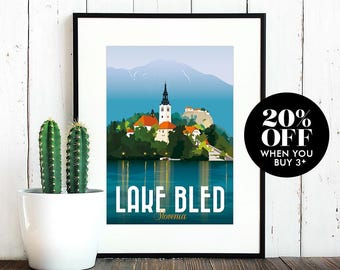 Lake Bled Slovenia Travel Poster, Vintage Style Art Print