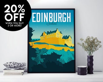 Edinburgh Travel Poster, Scotland, Print, Vintage, Memento, Souvenir, Castle, Poster, Artwork, Illustration, Home Decor, Made in the UK