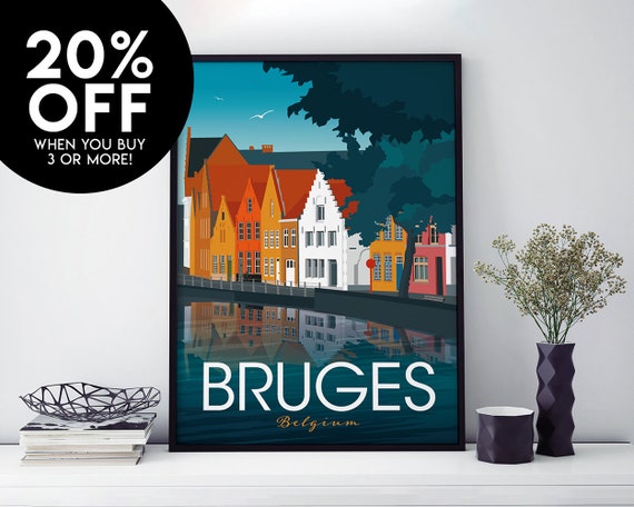 Deens sirene titel Bruges Travel Poster Print Vintage Belgium Brugge - Etsy Nederland