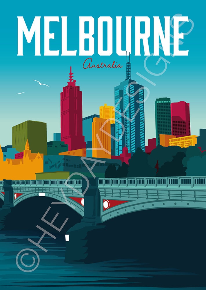 Melbourne Travel Poster Print Vintage Memento Souvenir Etsy
