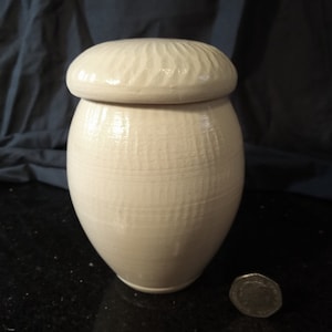 Beautiful handmade stoneware storage jar, chattered pattern applied to surface, original lidded pot, studio pottery by ProperPotteryGB