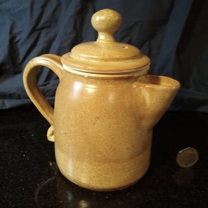 Ceramic coffee pot hand made, hand thrown pottery stoneware teapot with green topaz glaze outside, clear inside, traditional studio pottery
