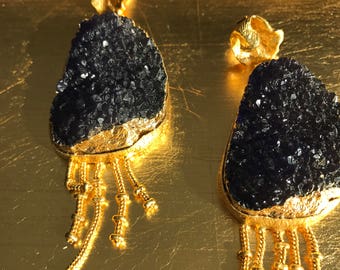 Statement jewelry - Unique handmade  stone/ druzy earrings in  brass.