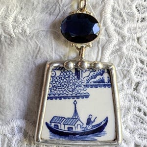 Blue Willow boat broken china necklace with tanzanite stone