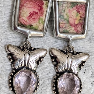 Broken china pink Victorian roses earrings with pink topaz butterflies