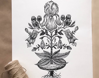 Flower. Original linocut print