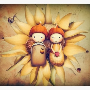 May include: Two small dolls with orange knitted hats and brown bodies stand on a large yellow sunflower. The doll on the left is holding a small red apple. The doll on the right is holding a small red heart.