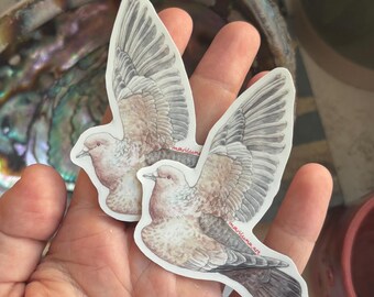 May include: Two die-cut stickers featuring a detailed illustration of a dove in flight with outstretched wings. The bird is rendered in shades of soft brown, grey, and white, with the small red text marluna art printed on the lower wing.