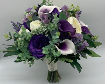Artificial wedding bouquets flowers sets ivory and purple
