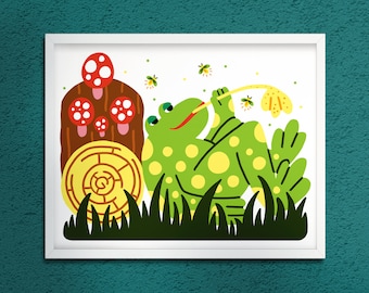 FROG LOG | Art Print | 10 x 8 | Mushroom Relaxing Illustration