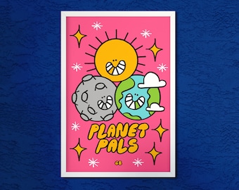 Planet Pals | Art Print | 4 x 6 | earth sun moon asteroid space digital illustration planets