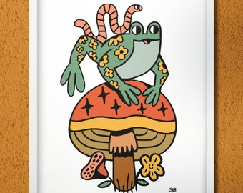 Best Friends | Art Print | 8.5 x 11 | Mushroom Frog Worm Best Friends Illustration Digital CottageCore