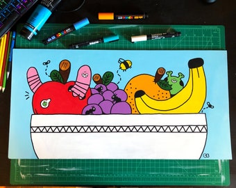 The Playground | original painting bug fruit bowl cute caterpillar grapes kitchen decor illustration