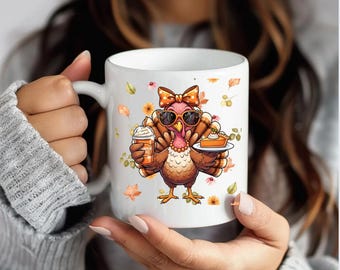 Diseño de camiseta de sublimación de otoño con pavo de Acción de Gracias para niña en formato PNG con calabaza, café y pastel.