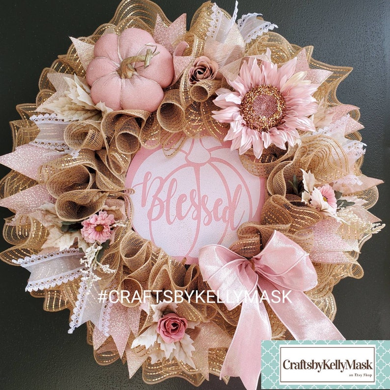 Gorgeous Pink and Gold Pumpkin Blessed Wreath for Fall. Pink | Etsy