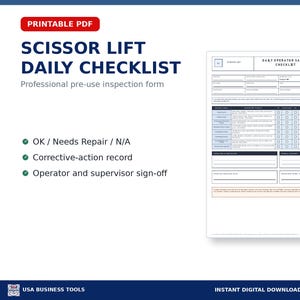 May include: A printable PDF scissor lift daily checklist featuring a professional pre-use inspection form. The document includes sections for OK, needs repair, or N/A status, a corrective-action record, and spaces for operator and supervisor sign-off.