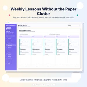 K&ouml;nnte beinhalten: Eine digitale Lehrerplaner-Oberfl&auml;che mit dem Titel Teacher Planner Command Center, die einen Wochenplan von Montag bis Freitag zeigt. Das Dashboard enth&auml;lt Lernziele, Materialien, Hausaufgaben, Bewertungen und Notizen f&uuml;r die Woche vom 17. August 2026, mit einem violetten Seitenmen&uuml; und wei&szlig;em Inhaltsbereich.