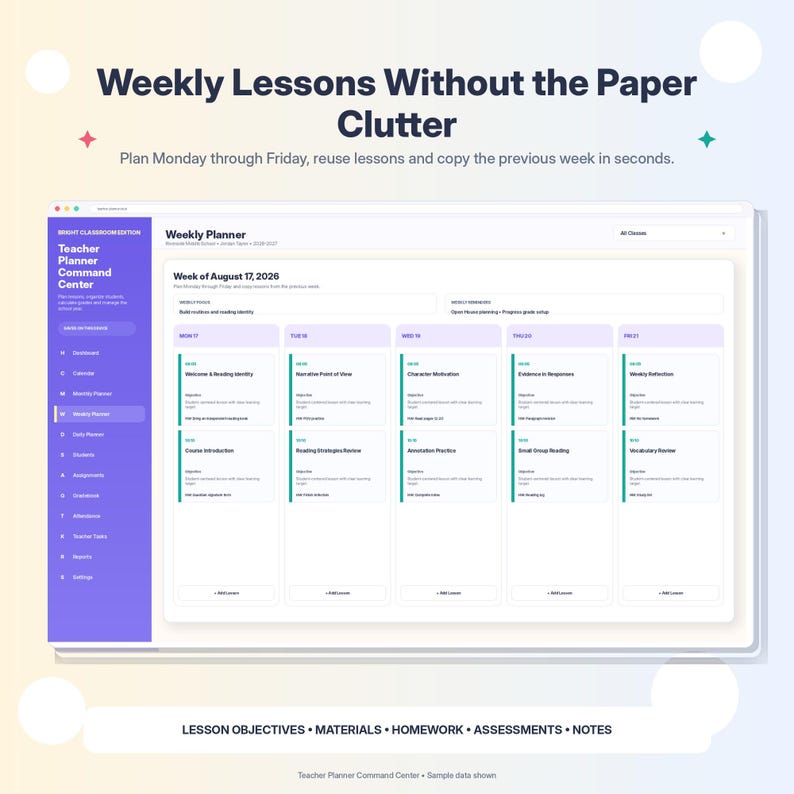 K&ouml;nnte beinhalten: Eine digitale Lehrerplaner-Oberfl&auml;che mit dem Titel Teacher Planner Command Center, die einen Wochenplan von Montag bis Freitag zeigt. Das Dashboard enth&auml;lt Lernziele, Materialien, Hausaufgaben, Bewertungen und Notizen f&uuml;r die Woche vom 17. August 2026, mit einem violetten Seitenmen&uuml; und wei&szlig;em Inhaltsbereich.