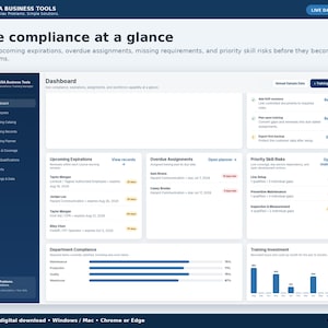 Puede incluir: Una interfaz de panel digital para USA Business Tools que muestra métricas de cumplimiento, vencimientos, tareas pendientes y riesgos de habilidades. El diseño incluye una barra lateral azul oscuro y un área de contenido blanca.