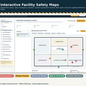 May include: A digital interface for Interactive Facility Safety Maps showing a floor plan with labeled zones like Warehouse, Fabrication, and Assembly. The dashboard includes navigation menus for safety management, emergency markers, and equipment records.