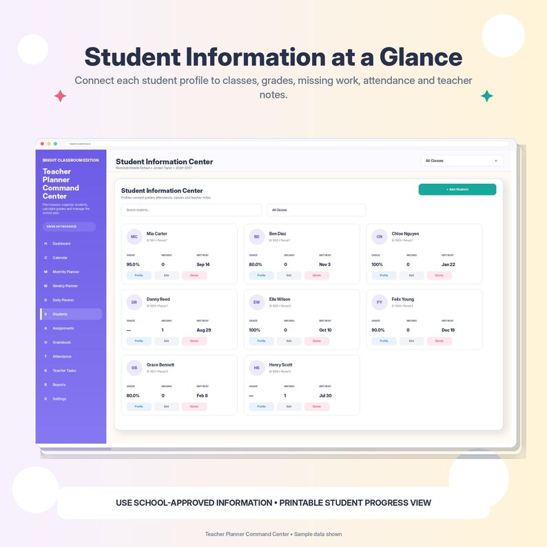 K&ouml;nnte beinhalten: Eine digitale Lehrerplaner-Oberfl&auml;che mit dem Titel Student Information Center, die eine violette Seitenleiste mit Navigationslinks und ein Dashboard mit Sch&uuml;lerprofilen, Noten, Fehlzeiten und Aufgaben in einem Raster zeigt.