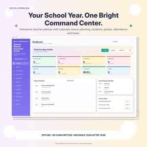 K&ouml;nnte beinhalten: Eine digitale Lehrerplaner-Oberfl&auml;che mit einem Dashboard, das Bereiche f&uuml;r Unterrichtsstunden, Sch&uuml;ler, Noten, Anwesenheit und Aufgaben enth&auml;lt. Das Layout umfasst eine violette Seitenleiste, farbige Datenkarten und einen Tagesplan.