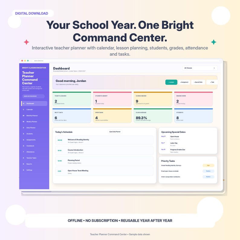 K&ouml;nnte beinhalten: Eine digitale Lehrerplaner-Oberfl&auml;che mit einem Dashboard, das Bereiche f&uuml;r Unterrichtsstunden, Sch&uuml;ler, Noten, Anwesenheit und Aufgaben enth&auml;lt. Das Layout umfasst eine violette Seitenleiste, farbige Datenkarten und einen Tagesplan.