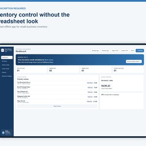 May include: A digital dashboard interface for inventory management software titled Inventory control without the spreadsheet look. The screen displays a dark blue and white layout with sections for priority actions, stock levels, and inventory value.