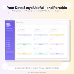 K&ouml;nnte beinhalten: Eine digitale Benutzeroberfl&auml;che mit dem Titel Teacher Planner Command Center und einem Bereich Reports & Exports. Der Bildschirm zeigt ein Raster mit Schaltfl&auml;chen f&uuml;r Dashboard Summary, Student Roster, Assignment List, Grade Records, Attendance Records und Calendar Events.