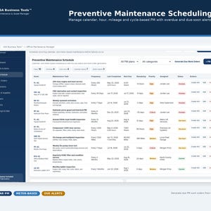 May include: A software interface titled Preventive Maintenance Scheduling by USA Business Tools. The dashboard displays a table of maintenance tasks with columns for asset, task, frequency, dates, priority, assigned personnel, and status.