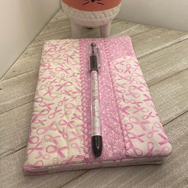 Ribbon of Hope Quilted Notebook Cover Breast Cancer Handmade Cloth Notebook Cover