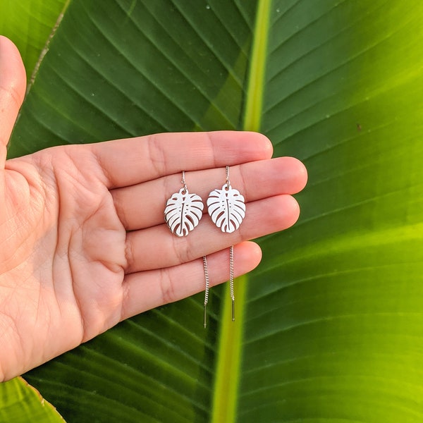 Monstera Leaf Threader Earrings in Silver