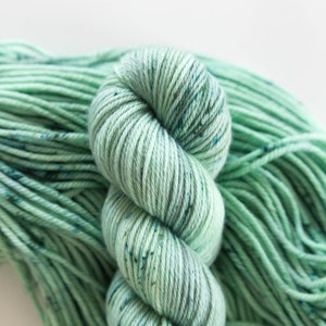 May include: A skein of light green yarn with flecks of blue and green. The yarn is soft and fluffy, and it is perfect for knitting or crocheting.