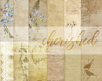 May include: A collage of vintage-style images with a delicate lace border, floral illustrations, and the word "cherished" written in a cursive script.